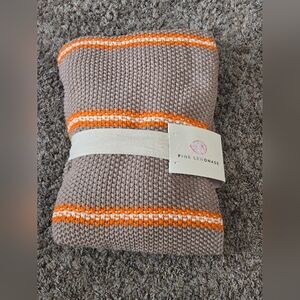 Knit Organic Cotton Blanket Taupe with Orange Accents